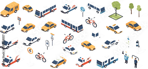Isometric Transportation Icon Set with Public and Private Vehicles Including Buses Taxis Police Cars Ambulances Bicycles and Traffic Elements for Urban Mobility Design