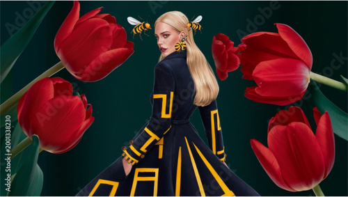 A smiling woman holding a red tulip on a blue background expressing love and romance