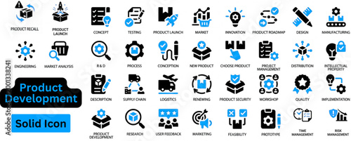 Product Development solid icon set. Product development icon set, innovation, prototype, design, research, testing, product launch, roadmap, feedback, manufacturing, distribution. 