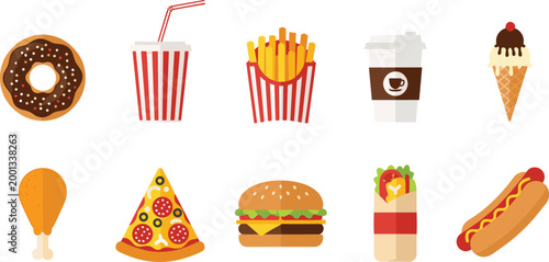 Fast Food Icons Set with Donut Soda Fries Coffee Ice Cream Chicken Pizza Burger Wrap and Hotdog Vector Illustration for Menu and App Design.