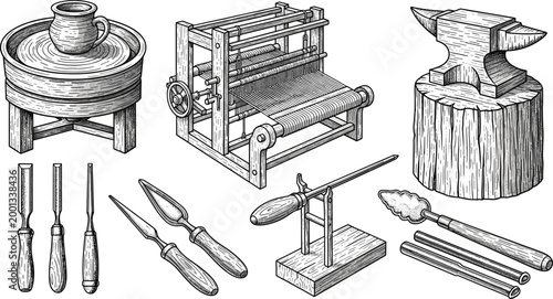 Hand-Drawn Traditional Craft Tools Collection Featuring Pottery Wheel, Loom, Anvil, Chisels, and Carving Tools for Artisan, Workshop, and Craft Designs