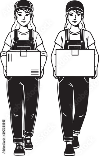 Two women delivery workers carrying cardboard boxes with online shopping package handling white background delivery shipping carrying logistics transport ecommerce profession employee