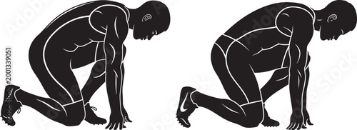 Two runners in starting position ready for a race graphic illustration black and white competition position athletic training exercise illustration sprinter challenge