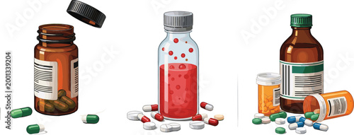 Realistic medicine bottles and pills set with capsules tablets and liquid drugs healthcare pharmacy vector illustration isolated on light background