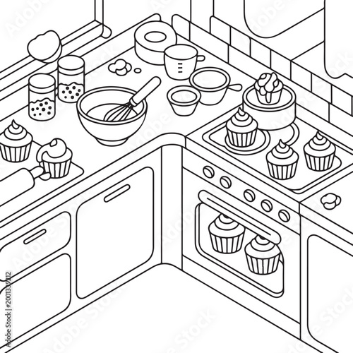 Vintage sketch collection featuring a set of kitchen furniture and utensils with food, bread, and a coffee cup icon for a restaurant cafe design pattern