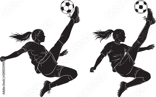 Female soccer players performing bicycle kicks silhouette with bicycle kick overhead kick football athletes silhouette competition training athletic activity championship professional
