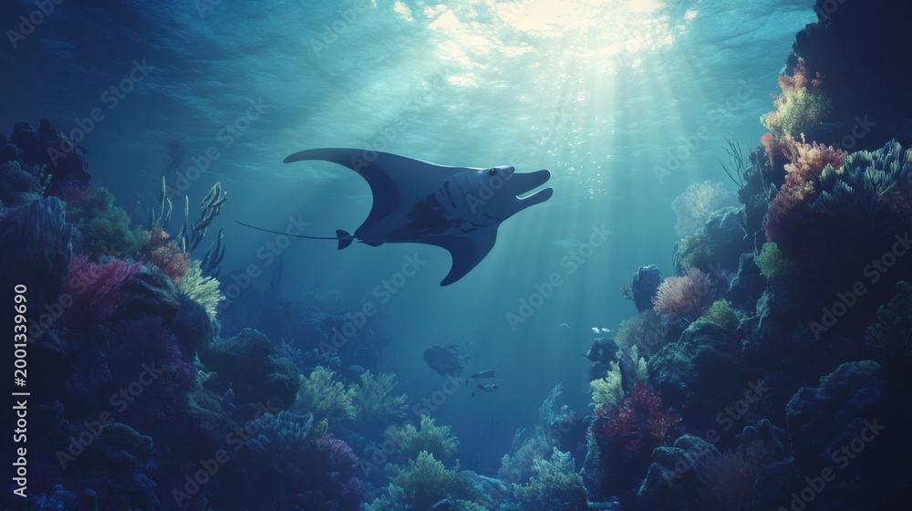 Obraz premium Majestic Manta Ray Swimming Gracefully Through Coral Reef