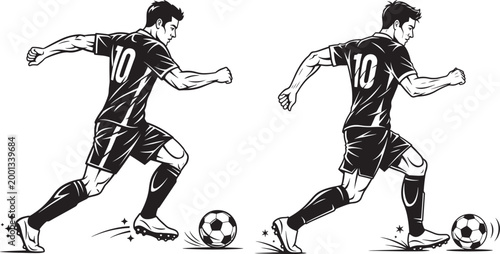 Male soccer players dribbling the ball illustration with football athletes dribbling movement competition training athletic activity championship professional performance determination