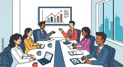 Diverse business team collaborating in a modern conference room during a meeting.