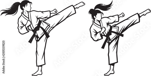 Two women practicing martial arts kicks in dojo with kung fu high kick side kick self defense taekwondo athletes practicing training athletic activity performance movement determination