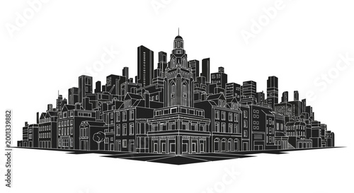 Black and white city skyline silhouette illustration on white background
