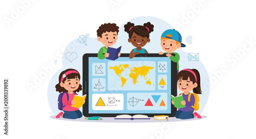 Diverse children learning together on a digital tablet with world map.