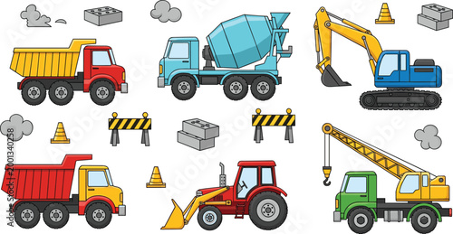 Tableau sur toile Cute Cartoon Construction Vehicles Icon Set with Kawaii Trucks Excavator Crane T