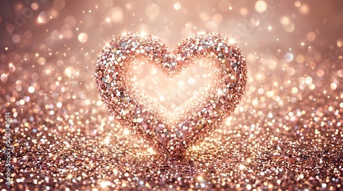 A shining heart made of glitter and sparkling particles, creating a luxurious romantic background.