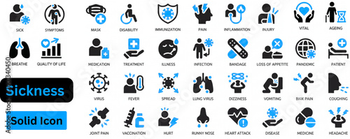 Sickness solid icon set. Sickness icon set. Sickness and disease icon set, illness, infection, symptoms, injury, pain, patient care, treatment, medication, healthcare. Solid icons collection.