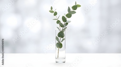 Eucalyptus branch with green leaves in a clear glass vase minimalist studio shot