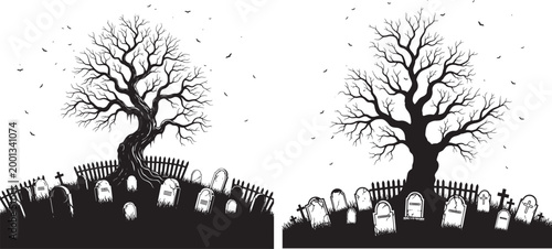 Silhouette of a spooky graveyard with bare trees and tombstones black and white graveyard cemetery halloween silhouette tombstone mourning landscape weathered illustration monochrome