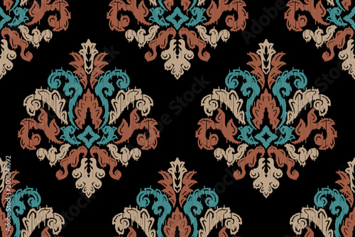 Carpet ikat floral pattern,fabric pattern on navy blue background vector illustration.Ikat ethnic oriental embroidery.Aztec style,abstract background.design for texture,clothing,decoration,carpet,rug.
