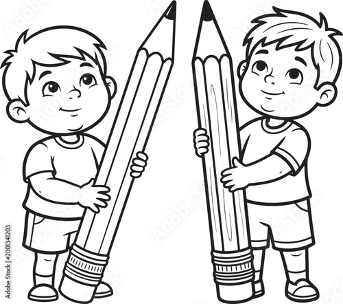 Two cartoon boys holding giant pencils with back to school white background black and white art supplies writing tools drawing tools children education learning creative imagination