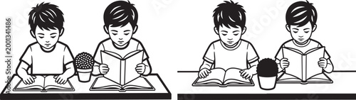 Two young boys reading books at desks with potted plants education learning knowledge classroom youngster childhood intelligence literacy curiosity interest concentration development