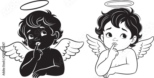 Two cherubs with wings and halos one in silhouette the other in outline gesturing for silence white background silhouette illustration innocence isolated contrast comparison adorable heavenly