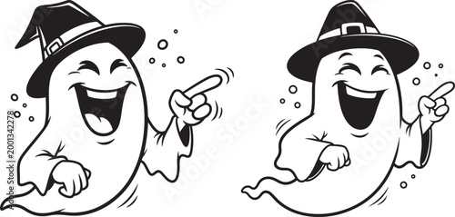 Two cheerful cartoon ghosts wearing witch hats pointing and laughing trick or treat black and white halloween illustration character supernatural paranormal laughing pointing celebration