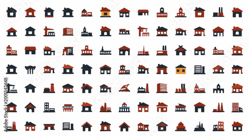 Collection of diverse building icons representing different structures.