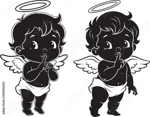 Two cherubs in silhouette and outline wings and halos finger to lips for silence white background silhouette illustration innocence isolated contrast comparison adorable mythology