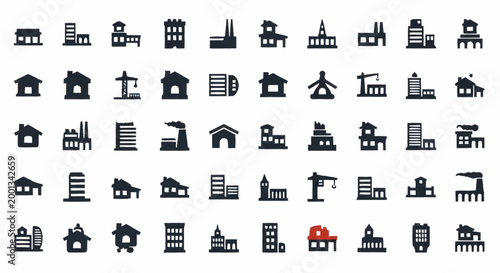 Collection of diverse building icons representing various architectural styles and functions.