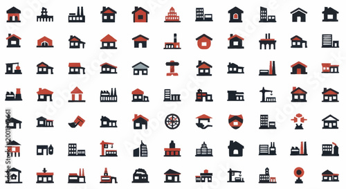 Collection of various building icons and symbols.