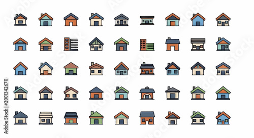 Collection of pixel art houses and buildings in various styles.