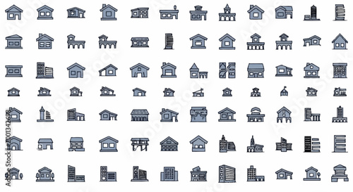 Collection of various building icons representing different architectural styles.