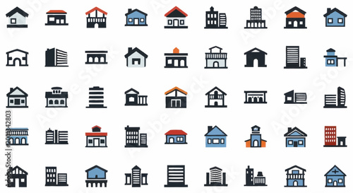 Collection of diverse building icons representing various architectural styles and purposes.