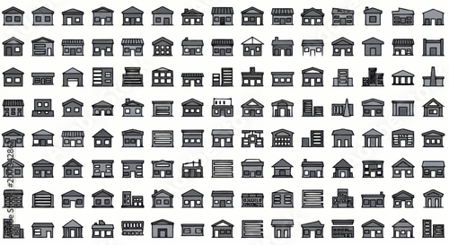 Collection of various building icons representing different structures.