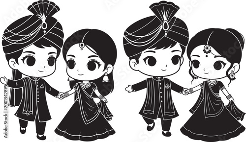 Two pairs of cartoon bride and groom in traditional indian wedding attire with black and white marriage ceremony wedding day cultural attire cultural dress marriage traditional clothing