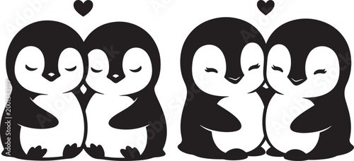 Four cute cartoon penguins in pairs embracing with hearts above black and white character illustration adorable embracing whimsical childlike wildlife antarctica friendship affection