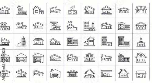 Various house and building structures icons.