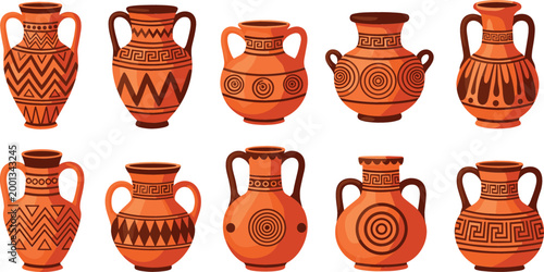 Ancient ceramic pottery set with decorative patterns traditional clay vases amphora collection ethnic ornament vector illustration isolated on light background