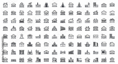 Collection of various building icons representing different structures.