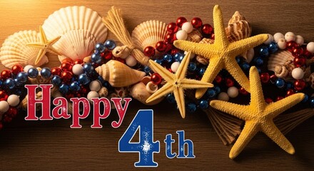 Happy independence day celebration festive seashells starfish and patriotic 4th of july decor