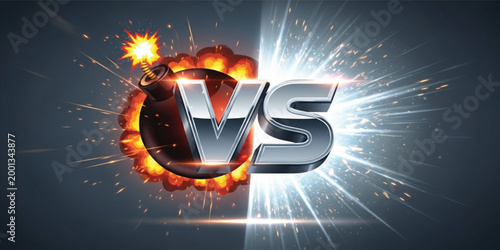 Versus Battle Banner with Metallic VS Text Bomb Explosion Sparks and Dynamic Competition Background Vector Design
