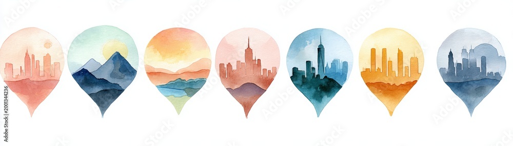 Obraz premium Watercolor map pins featuring various city skylines and mountain landscapes in warm and cool tones.
