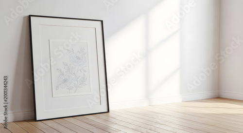 Framed floral illustration artwork leaning on white wall in empty room