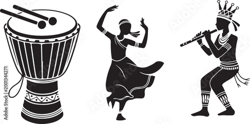 Silhouette vector of  tribal dancers and musicians playing drums.  Drum, Dancer and Flute Player Illustration 