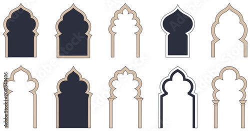Elegant Islamic and Moroccan arch designs featuring diverse arch structures, intricate Islamic geometry patterns, Moroccan ornamental detailing, symmetrical decorative frames, high quality vector