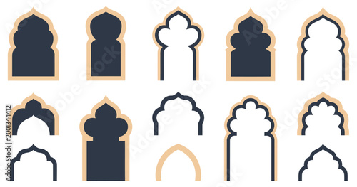 Elegant Islamic and Moroccan arch designs featuring diverse geometric shapes, intricate ornamental patterns, traditional architectural motifs, luxurious decorative frames, seamless vector illustration