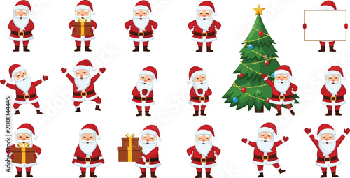 Christmas Santa Claus Collection with Various Poses, Gifts, and a Christmas Tree