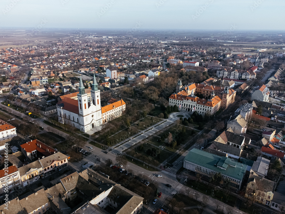 Fototapeta premium Drone view of Sombor town, square and architecture, Vojvodina region of Serbia, Europe