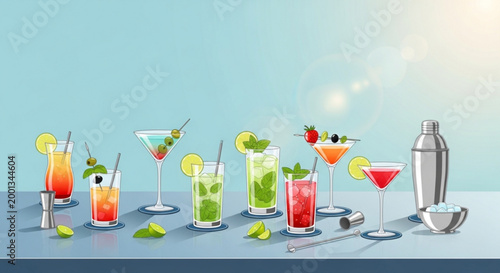 Collection of refreshing cocktails and bar tools perfect for summer drinks party invitations and restaurant menus isolated on blue background