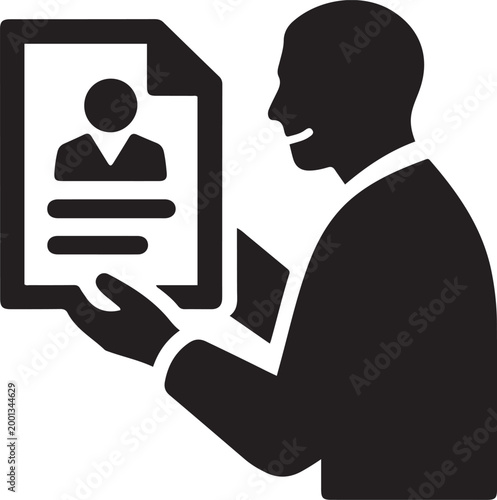 CV review icon. Business, human resource sign. Looking for talent. Search man vector icon. logo Vector Black silhouettes